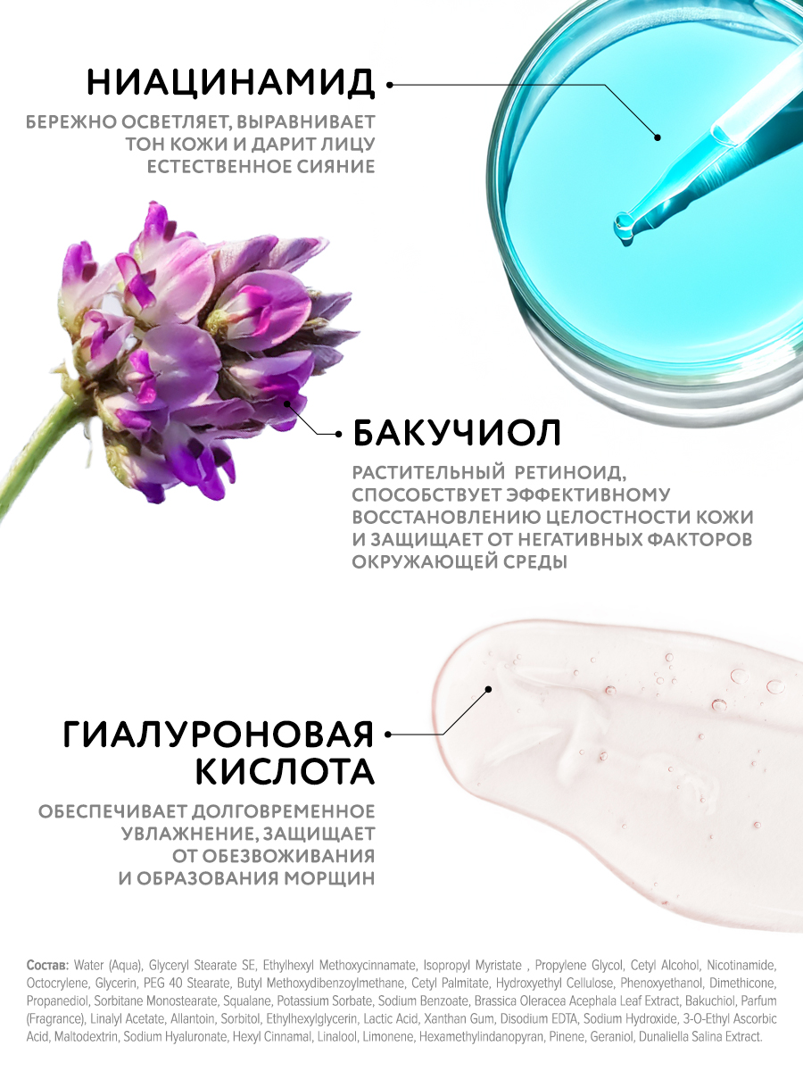 ОСВЕТЛЯЮЩИЙ КРЕМ ДЛЯ ЛИЦА SPF 15 "СИЯНИЕ КОЖИ" С НИАЦИНАМИДОМ, БАКУЧИОЛОМ И ВИТАМИНОМ С